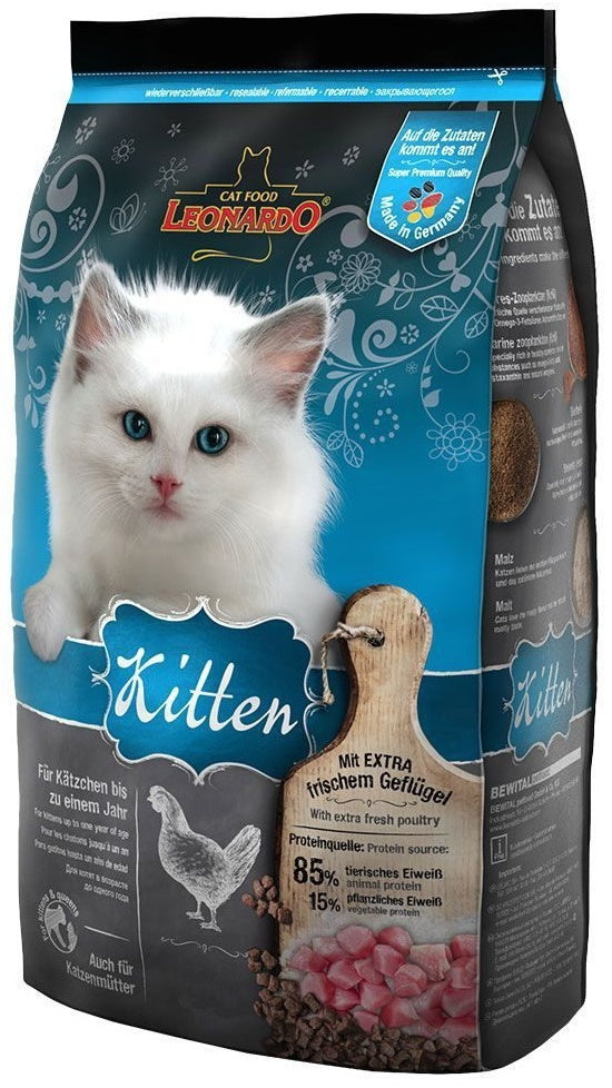„Hrană uscată Leonardo Kitten Chicken 7.5 kg pentru pisoi – cu carne proaspătă de pasăre, pentru creștere sănătoasă și digestie ușoară.”