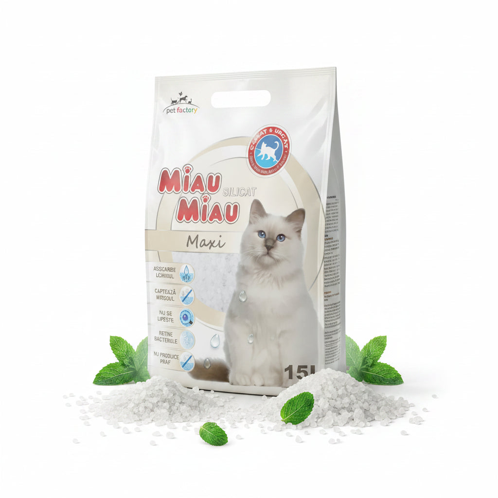 Așternut din silicagel MIAU MIAU, fără aromă, 15L / 6.3kg