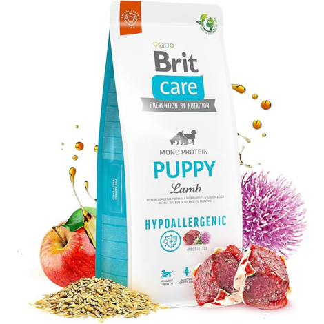 „Hrană uscată Brit Care Puppy Lamb & Rice pentru căței – formulă hipoalergenică cu miel și orez, ideală pentru creștere sănătoasă și digestie ușoară.