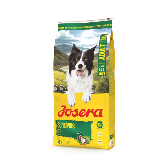 hrană pentru câini sensibili JOSERA SensiPlus” și „JOSERA SensiPlus 12,5 kg cu rață și orez pentru câini adulți.