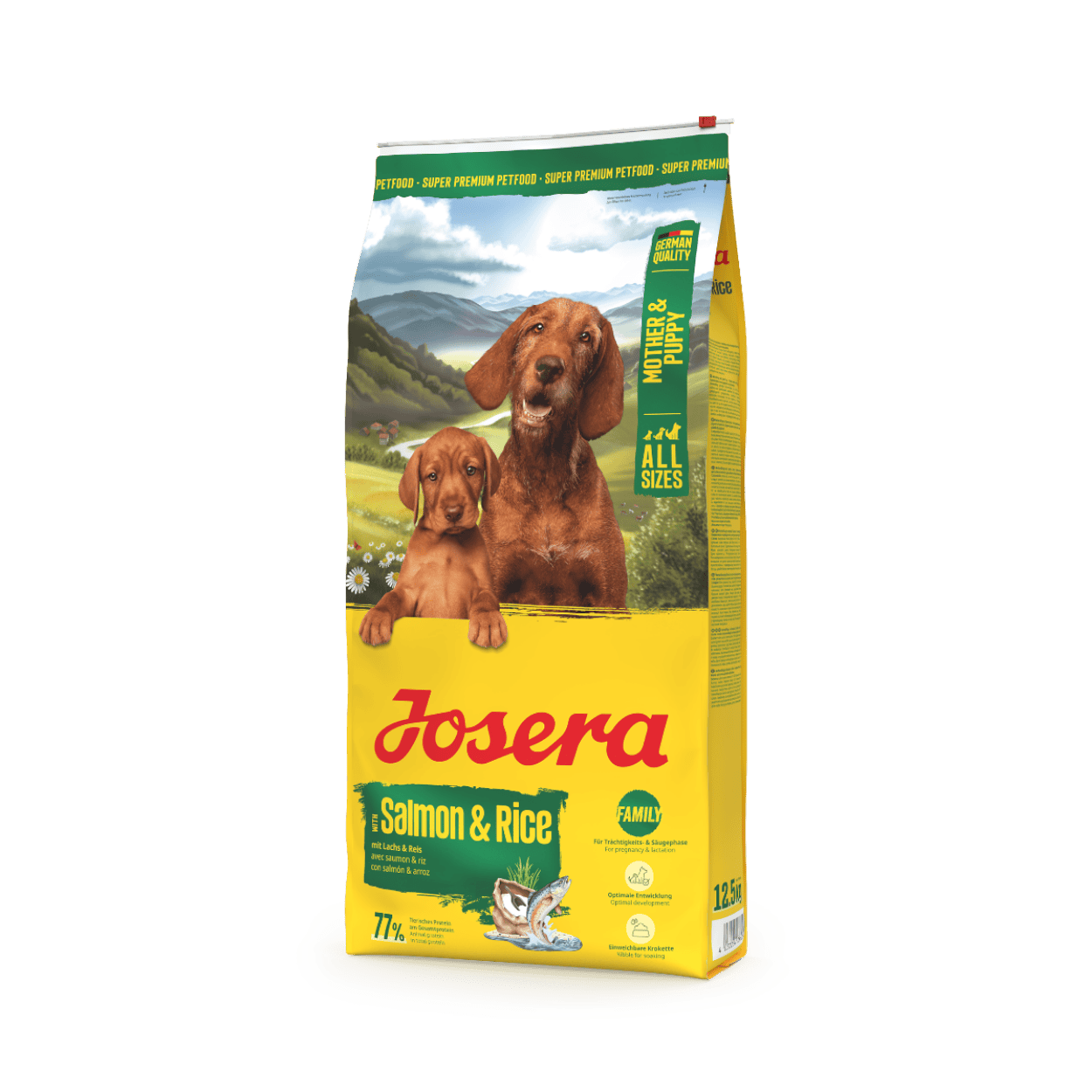 Hrană uscată Josera Mother&Puppy Salmon & Rice pentru câini adulți și cățeluși – ideală pentru creștere, sarcină și lactație, sprijinind sănătatea și dezvoltarea armonioasă.”