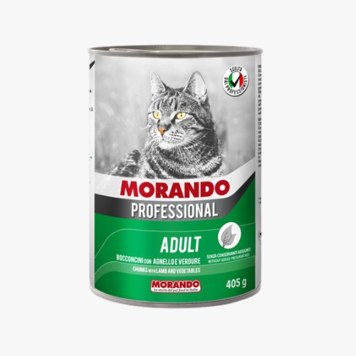 Hrană umedă pentru pisici MORANDO AGNELLO cu bucăți de miel și legume, conservă de 405g, oferind nutriție completă și gustoasă pentru pisici adulte
