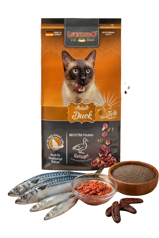 hrana uscata pentru pisici Leonardo Adult Duck pentru blana si digestie
