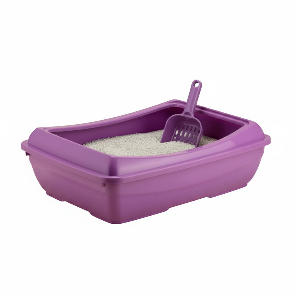 Litieră pentru pisici Miau Miau cu ramă și lopățică, Plastic, Roz, 49.5x37.5x15cm