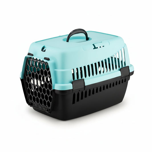 Cușcă de transport pentru câini și pisici 4DOG, Plastic și Textil, Negru-Albastru, 49x35x32.5cm